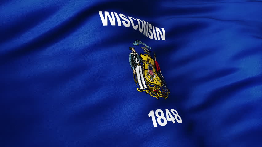 Close up view of Wisconsin flag video waving in wind. Realistic flag background, fabric textured, perfect loop, official colors, 4K video