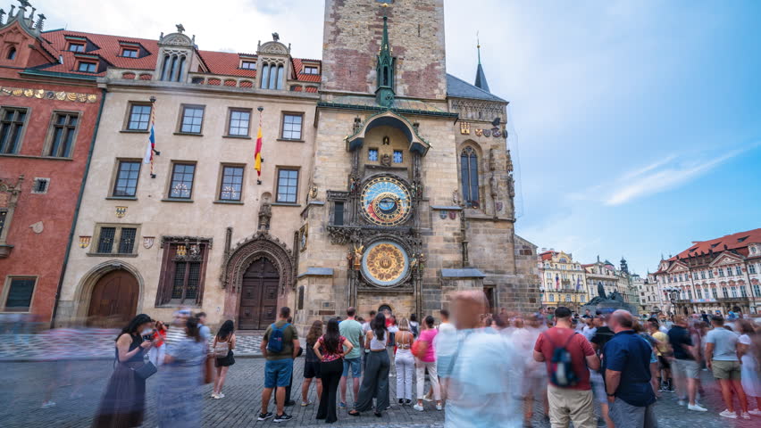 Prague Astronomical Clock timelapse hyperlapse footage, medieval astronomical clock, on the southern wall of Old Town City Hall in the Old Town Square, Prague, Czech Republic in 4K.