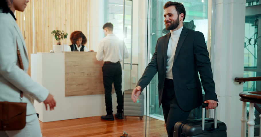 Businessman, woman and handshake in hotel for b2b meeting, introduction and welcome or collaboration. Conference, seminar and employee with client shaking hands for deal, partnership or agreement