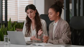 Caucasian African American girls business partners women female coworkers office agents talk video call chat laptop conference job interview online meeting multiracial businesswomen smile communicate - Powered by Shutterstock - Get 15% off with code: PIKWIZARD15