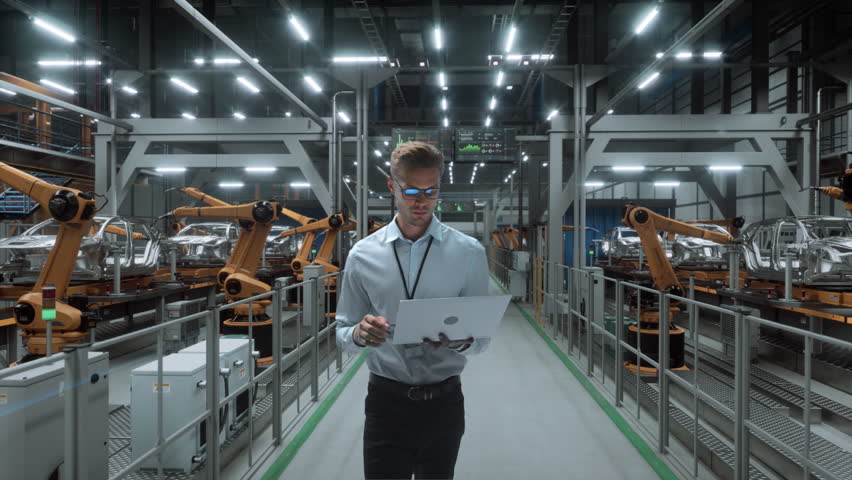 Technician Activates Smart Factory Floor. Advanced Manufacturing Visualization of Data Analysis, AI Production Optimization, Digital Information Lines in Autonomous Automotive Robot Arm Assembly Line