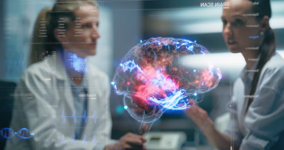 Physician And Patient Examine Holographic Brain Model. Futuristic 3D Visualization Of Medical Technology. AI Neural Biosensor Data, Precision Diagnostics, Personalized Medicine Neuromodulation Therapy