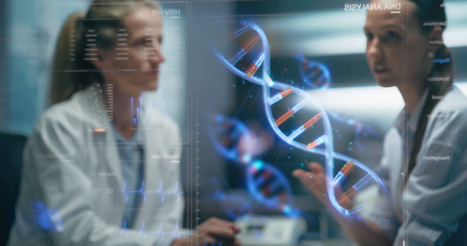 Physician And Patient Examine A Holographic Dna Model. AI-Powered Genomic Analysis Highlights Mutation Hotspots And Therapeutic Targets In Real-Time, Precision Medicine And Targeted Gene Therapies.