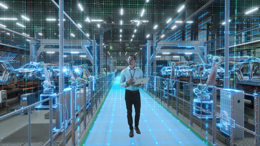 Engineer With Laptop Activates Autonomous EV Factory Digitization. Visualization Shows Robotic Arms, Assembly Line, Digital Twin Lines of Data, Computer Vision Transformation Manufacturing Technology
