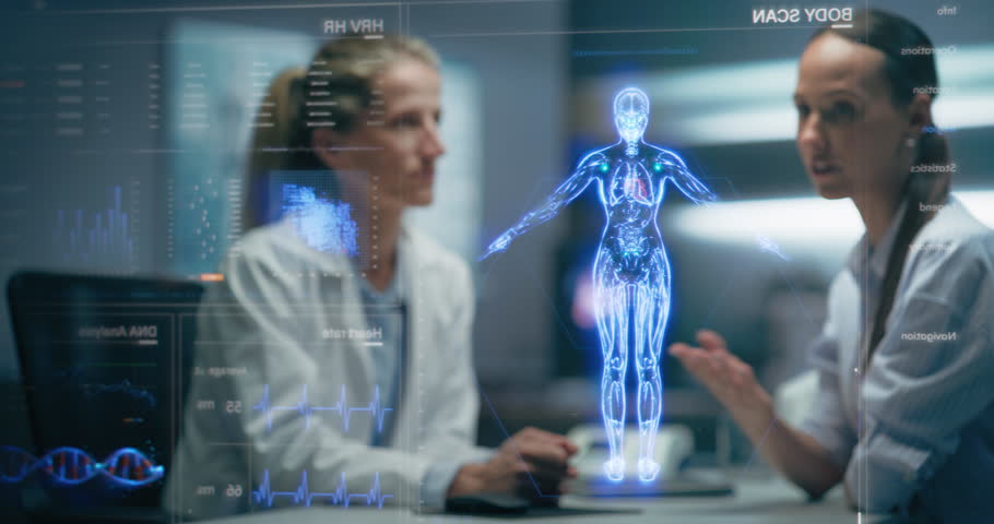Physician And Patient Examine Holographic Body Models. Biosensors And AI-Driven Tissue Mapping Integrate Real-Time Metabolic Markers, Nanoscale Diagnostics, Targeted Biomolecular Intervention Planning