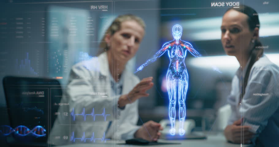 Physician And Patient Examine Holographic Body Models. Biosensors And AI-Driven Tissue Mapping Integrate Real-Time Metabolic Markers, Nanoscale Diagnostics, Targeted Biomolecular Intervention Planning