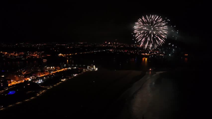 Aerial view of New Year's Fireworks in Algarve region, Portugal. Revelion night celebration