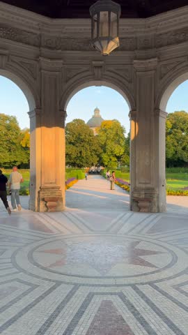 Beautiful aerial footage of the Diana Temple (Dianatempel) in the Munich Hofgarten the garden of the Munich Residenz. Germany