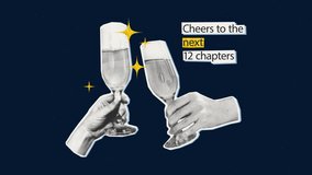 Stop motion animation. Hands holding champagne flute glasses with gold glitter stars and inspirational quote phrase. New Year toast and cheers in a modern retro seamless looped greeting - Powered by Shutterstock - Get 15% off with code: PIKWIZARD15