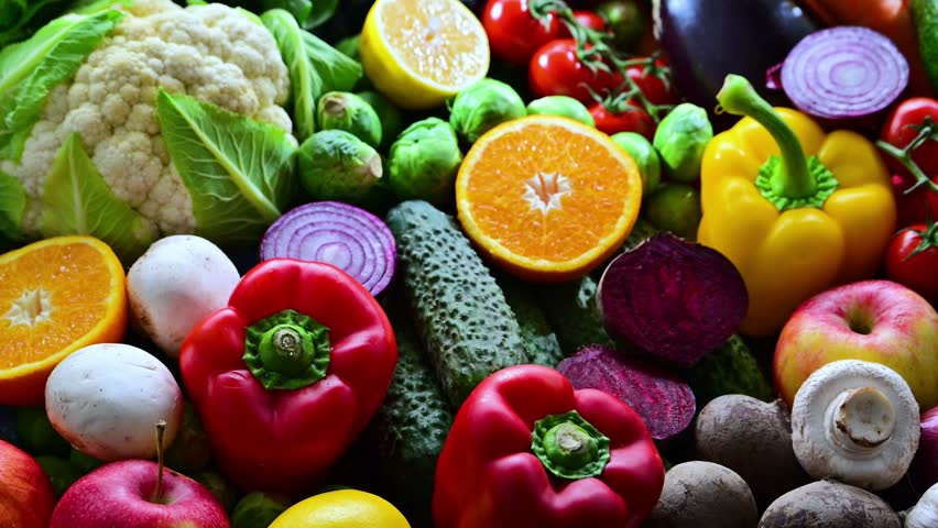 Fresh raw vegetables and fruits.