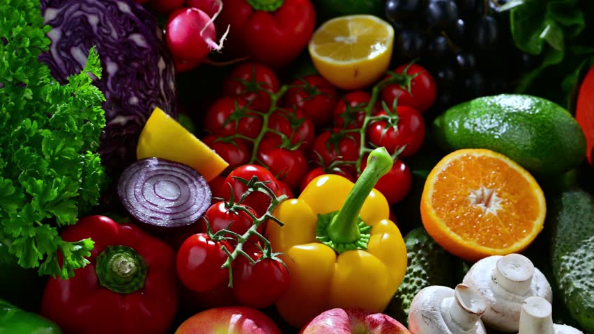 Fresh raw vegetables and fruits.