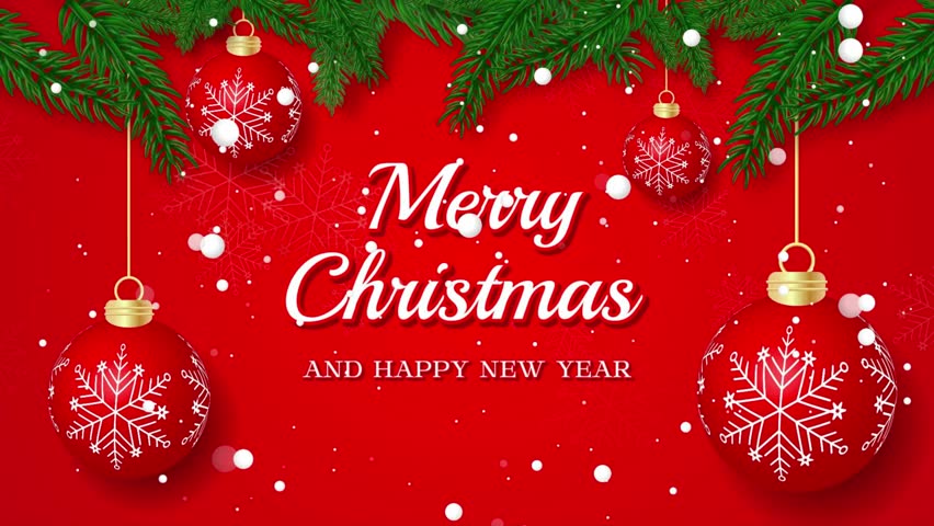 A Merry Christmas Greeting Video in red color background with pine tree branches, snowfall and Christmas ball decorations