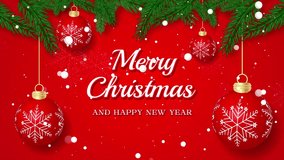 A Merry Christmas Greeting Video in red color background with pine tree branches, snowfall and Christmas ball decorations - Powered by Shutterstock - Get 15% off with code: PIKWIZARD15