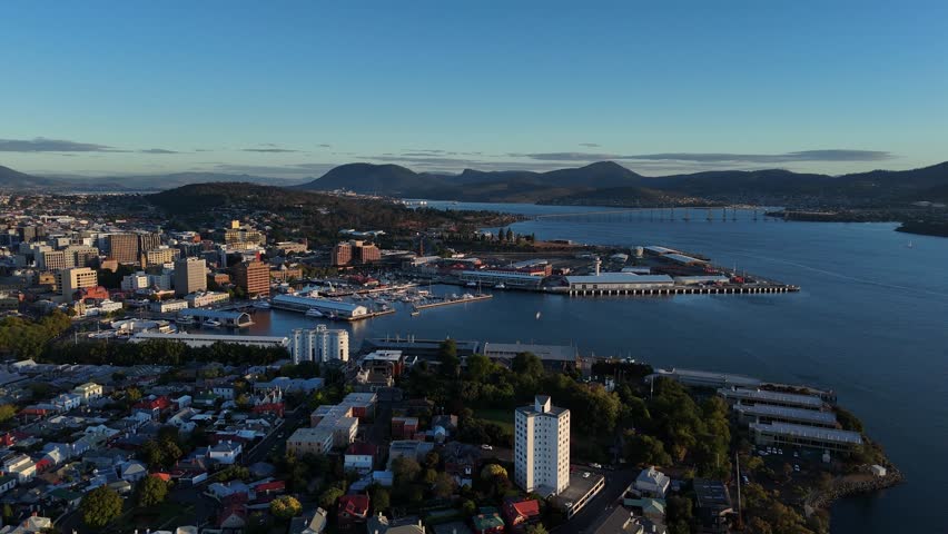 Aerial view of Hobart City and Constitution Dock on the Derwent River in Tasmania, Australia.