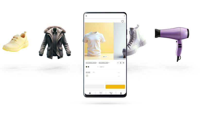 Shopping, e-commerce, application and sales theme. Technology that passes through the phone and products that are on sale.