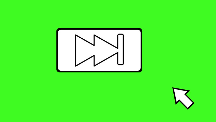video drawing animation computer mouse cursor clicking on a forward button digital software, sketch drawn in black and white color. On a green chroma key background
