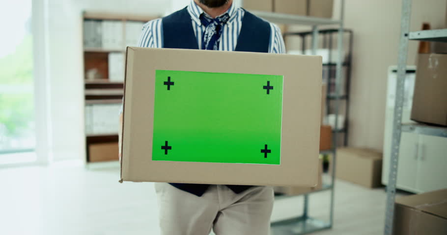 Businessman, logistics or box with green screen for distribution, delivery or marketing at warehouse. Man, employee or courier guy with parcel, chromakey or tracking markers for ecommerce or package