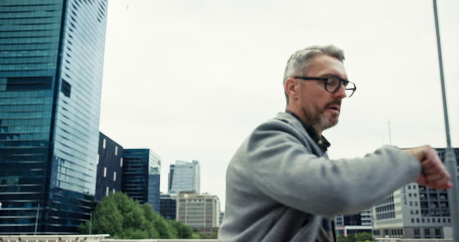 Man, running and rushing in city outdoor with morning commute, career ambition and late for appointment. Mature attorney, suitcase and delay for urban travel, meeting hurry and interview opportunity