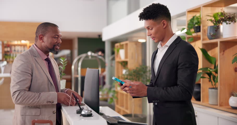 Credit card, people and concierge in hotel for payment, service and financial transaction with machine. Purchase, guest and receptionist with pos fintech for booking room, hospitality and front desk