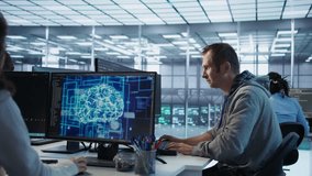 Engineer calling colleagues after finding error in code while doing checkup on server room used for AI workloads. Man requesting help from coworkers after finding bug in data center systems, camera B - Powered by Shutterstock - Get 15% off with code: PIKWIZARD15