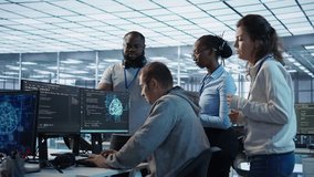 Technician doing brainstorming with colleagues to fix error in code affecting server room AI workloads. Team of artificial intelligence engineers repairing data center systems together, camera B - Powered by Shutterstock - Get 15% off with code: PIKWIZARD15