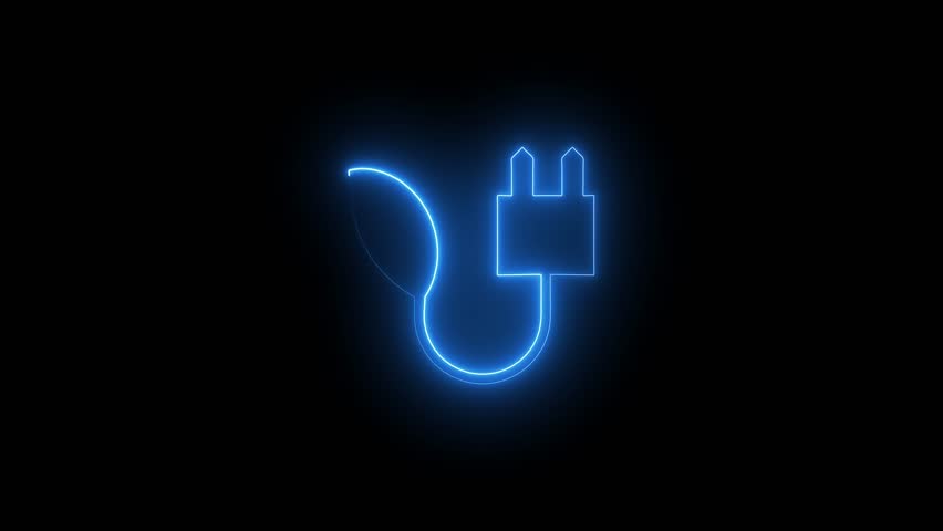 Neon purple sign of an electric plug inside a circular arrow animated on a dark background.Electrical cord or cable. Electric power supply icon animation .