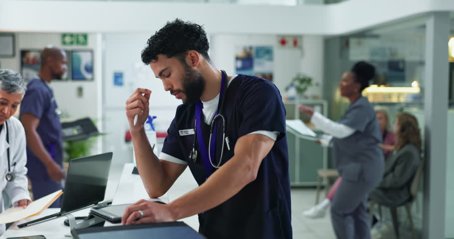 Stress, headache and doctor in hospital with mistake, crisis or burnout for medical service. Migraine, fatigue and male surgeon with exhaustion, error and emotions for healthcare fail in clinic.