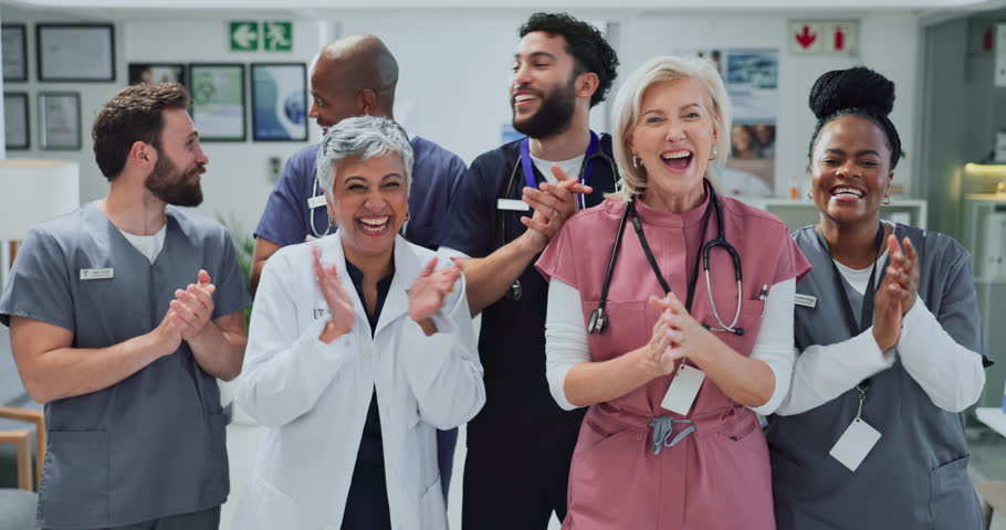 Applause, face and healthcare with doctors in hospital for research team, success and vaccine study. Medical, grant approval and support with group of people in clinic for virus workshop or cure