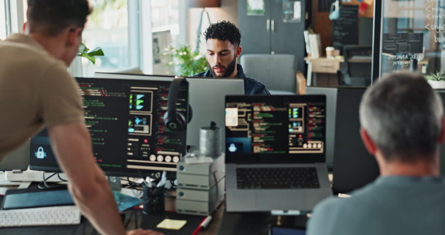 Business people, computer and screen for coding, programming and software development with collaboration. Programmer, tech and ux system design for project management, teamwork and cyber security