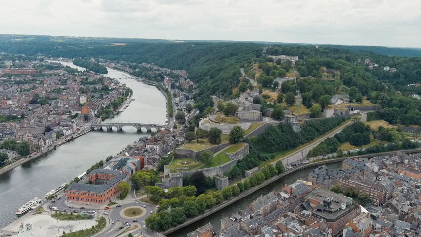 Namur, Belgium. Citadelle de Namur - 10th-century fortress with a park, rebuilt several times. Panorama of the central part of the city. River Meuse. Summer day. Stable, Aerial View, Point of interes