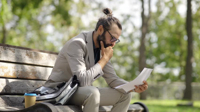 Bad News Money Problem. Confused Frustrated Businessman Reading Letter. Debt Notification Bad Financial Report, Money Problem. Tired Exhausted Unhappy Banking Debt Bankruptcy. Upset Distressed Problem