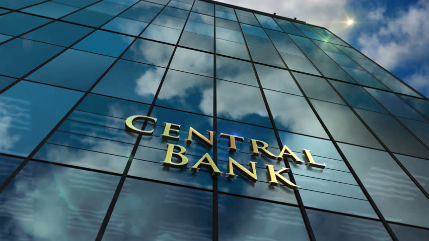 Central Bank glass building looping time lapse concept. Banking, economy, finance and money symbol on facade 3d seamless loopable.