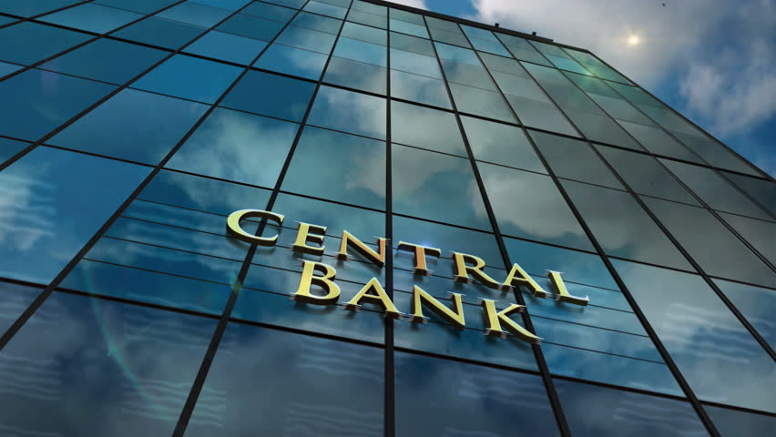 Central Bank glass building looping time lapse concept. Banking, economy, finance and money symbol on facade 3d seamless loopable.