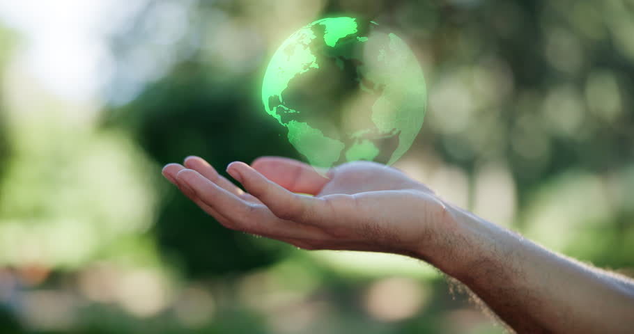 Hand, hologram and man with nature, globe and eco friendly with climate change. Closeup, outdoor and person with world, holographic or recycling for earth day, environment or icon with sustainability