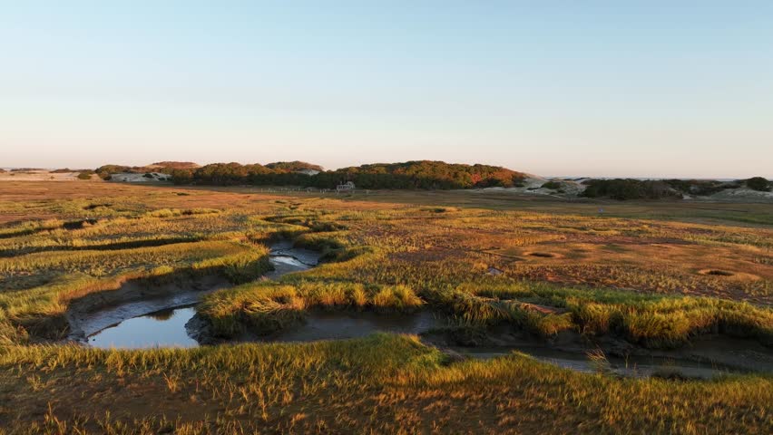 Salt marsh and sand dunes at sunrise at Cape Cod bay, Barnstable, Massachusetts, USA