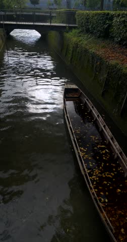 Wooden boat full of water, traditional Zille, mouth of the Blau into the Danube, Ulm, Baden-Württemberg, Germany, Europe