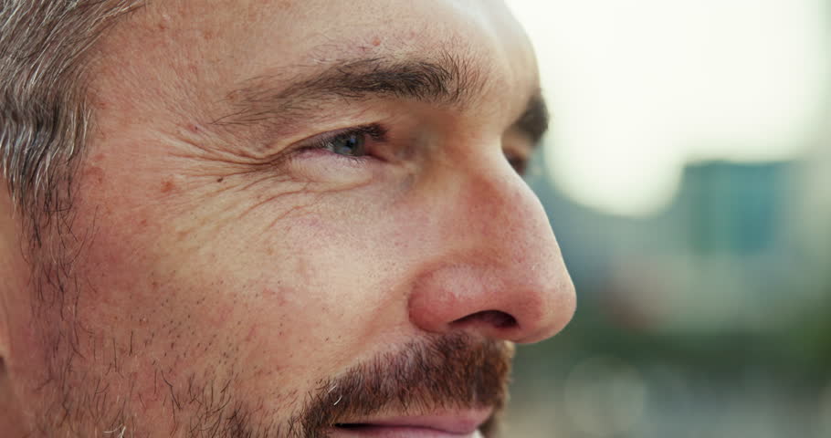 Mature, business and man with thinking in city for morning commute, corporate career and lawyer ambition. Contemplating, male attorney and zoom for urban travel, professional opportunity and decision