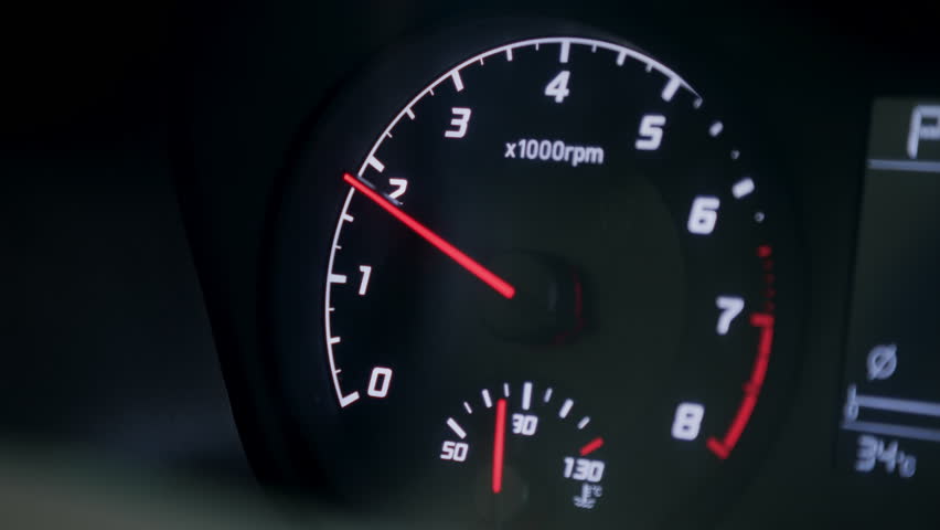 The speedometer of an ordinary car. The car accelerates, the car starts. The arrow measures the speed, scoring high speed