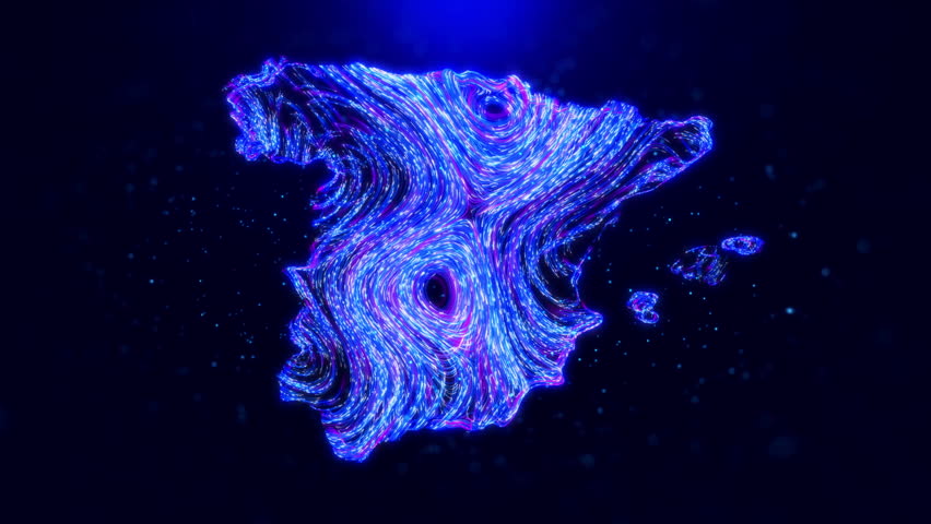 Abstract motion view Spain map design, featuring glowing blue hairlines, dynamic flowing patterns, and scattered bokeh dot particles, creating a tech-inspired and modern digital aesthetic