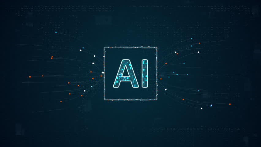 Motion graphic of Blue digital AI assistant logo with particles dot spread on abstract background with Ai chatbot and robot machine learning technology concept