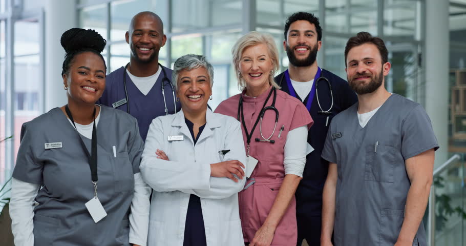 Support, face and healthcare with doctors in hospital for research team, mpox variant and vaccine study. Medical, diversity and solidarity with group of people in clinic for virus workshop or cure