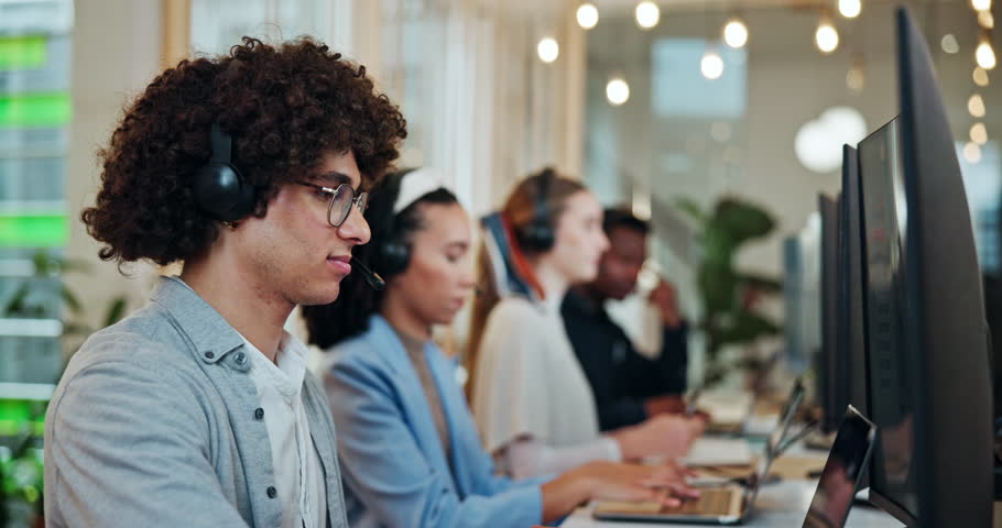 Call center, headset and businessman with computer for discussion, support and telemarketing in office. Coworking, advisor and help with mic for talking, customer service and lead generation at night