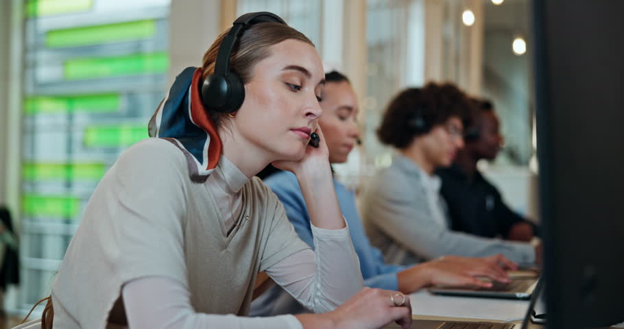 Frustrated woman, night or consultant with headphones in call center for burnout, fatigue or stress at office. Tired, female person or bored agent working late with online crisis, mistake or pressure