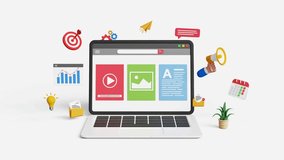 Digital content marketing, content promotion, SEO, organic reach, social media marketing. Video, image and text content analytics dashboard on 3d laptop screen with marketing icons. 4K 3D animation - Powered by Shutterstock - Get 15% off with code: PIKWIZARD15