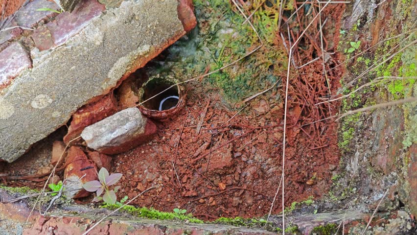 brown or reddish rusty-colored stains on the drying up puddle soil surface. 
