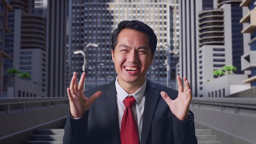 An Asian Business Man Showing Gesture Hands Palm Saying Wow And Smiling In City