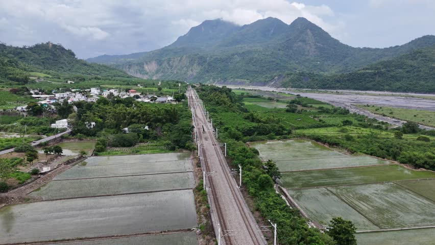 A Tze-Chiang Express travels thru rice paddies by Beinan River 卑南溪 on a cloudy summer day with cliffs of Liji Badlands at the foot of Mount Dulan 都蘭山 in background, in Shanli, Beinan, Taitung, Taiwan 