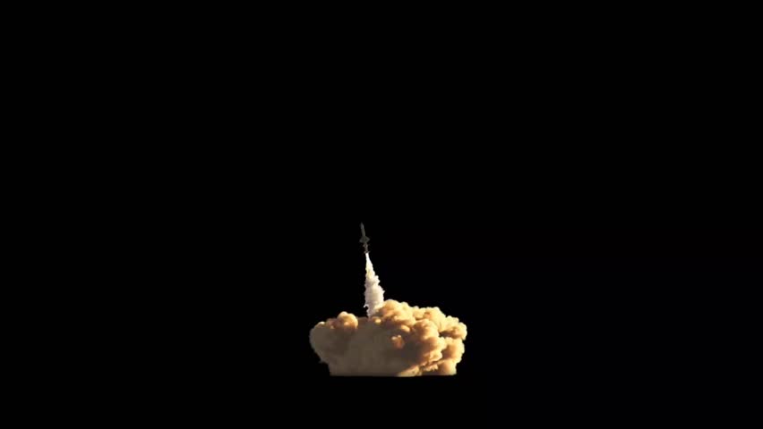 Rocket taking off with smoke plume against dark background