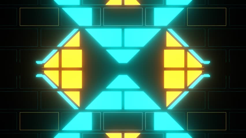 Neon vj loop with a black background featuring glowing blue and yellow lights forming a kaleidoscopic pattern, ideal for music videos, events, and digital art