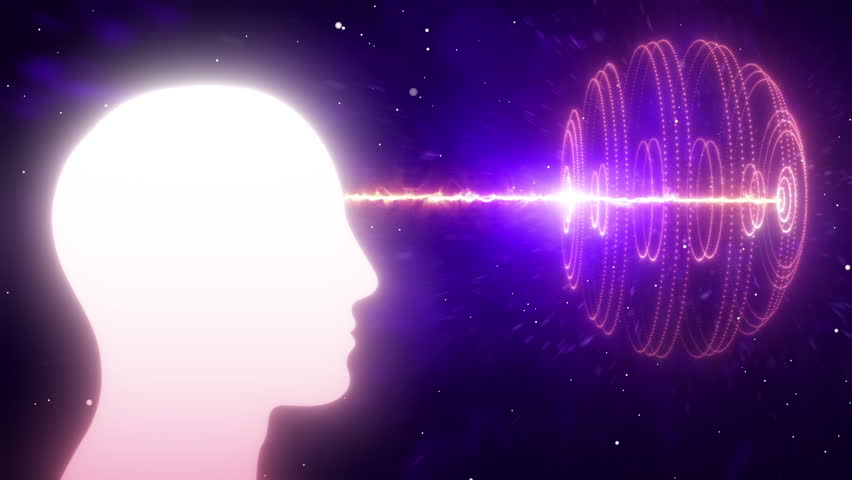 Silhouette of the head of the Glowing Man looking at the ball of light particles
